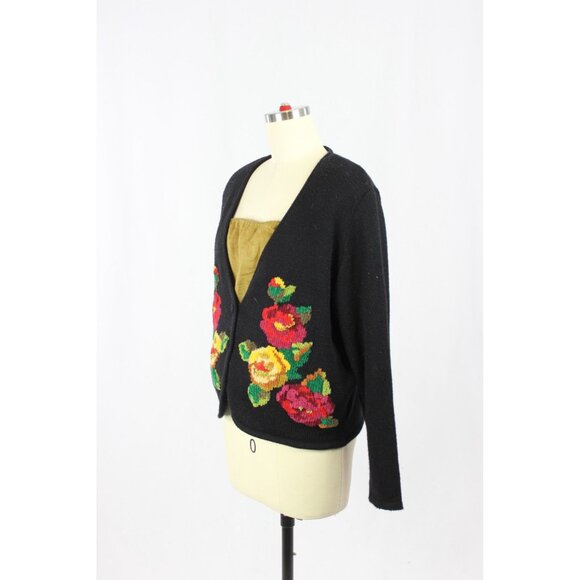 Vintage 90's SUSAN BRISTOL Black Knit Chenille Floral Cardigan, Size M - Picture 4 of 11